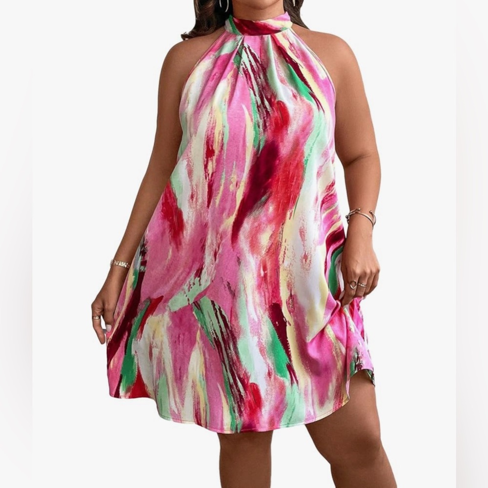 NWT- Verdusa Women's Plus Size Tie Back Halter Neck Sleeveless Short Tunic Dress